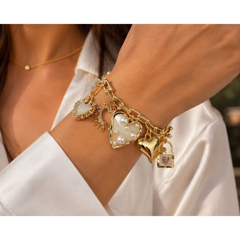 Gold Tone Heart Charm Bracelet Pearl Crystal Paperclip Chain Statement NEW